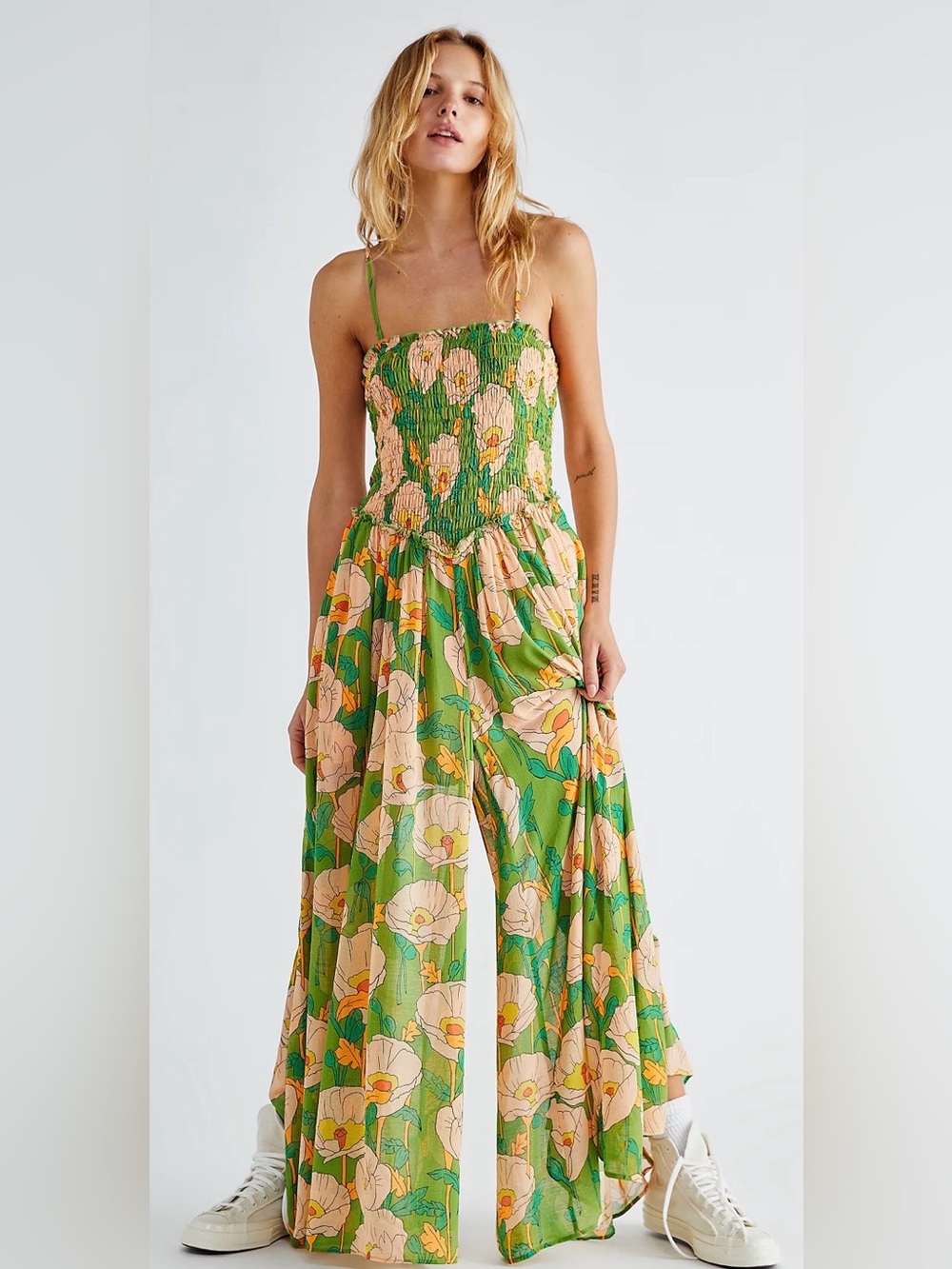 Free People Green Floral Wide Leg Jumpsuit